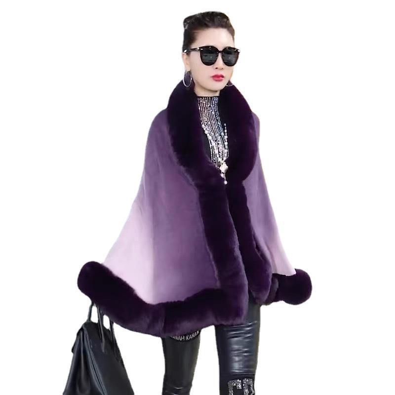 Plus Size Women's Knit Cardigan Jacket Fur Collar Gradient Shawl Cape