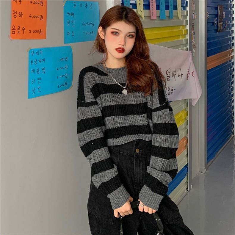 Short Top Women's Outer Wear Pullover Stripe Sweater