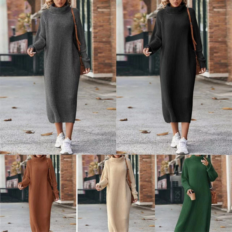 Long Sweater Dress Loose Over Knee Turtleneck Knitting Dress Female Base Dress