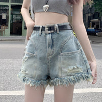 Ripped Denim Shorts Wide Leg Frayed Hem A- Line Retro High Waist