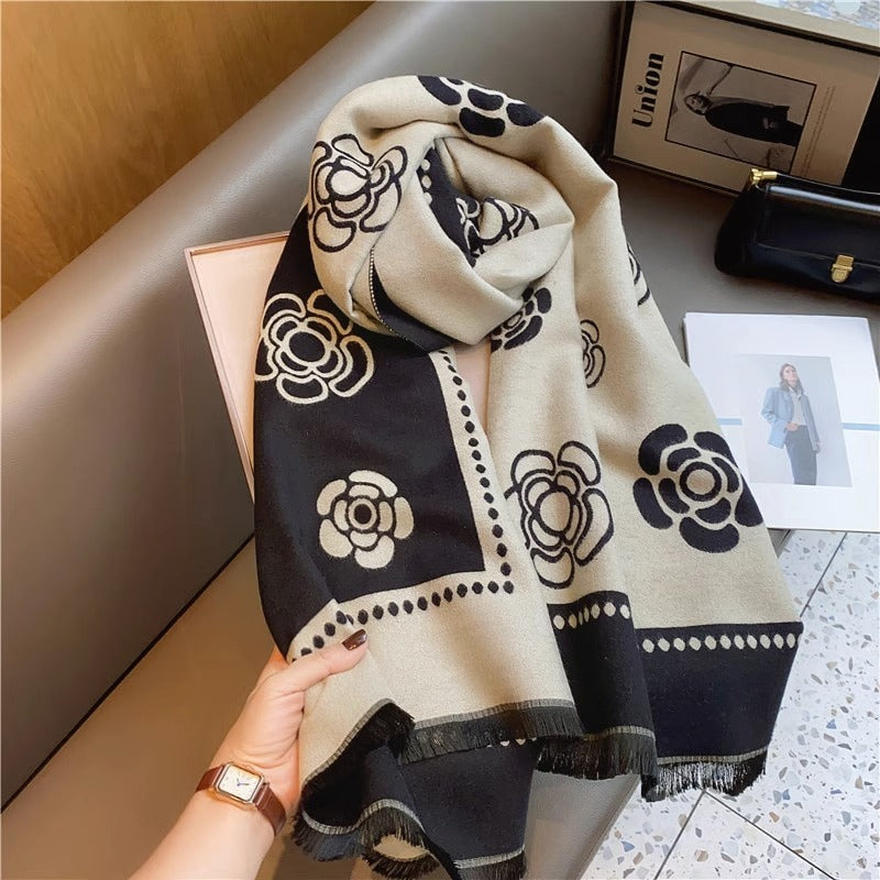 Camellia Double-sided Scarf For Women Extra Thick Dual-use Fashion