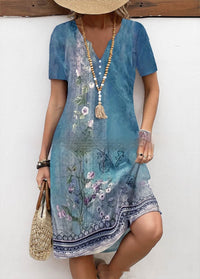 Spring And Summer Digital Printed V-neck Dress