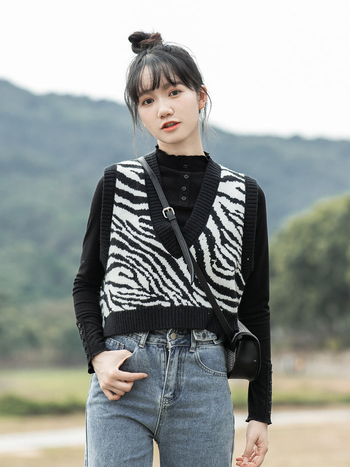 Zebra Pattern Knitted Vest Women's V-neck Stacking