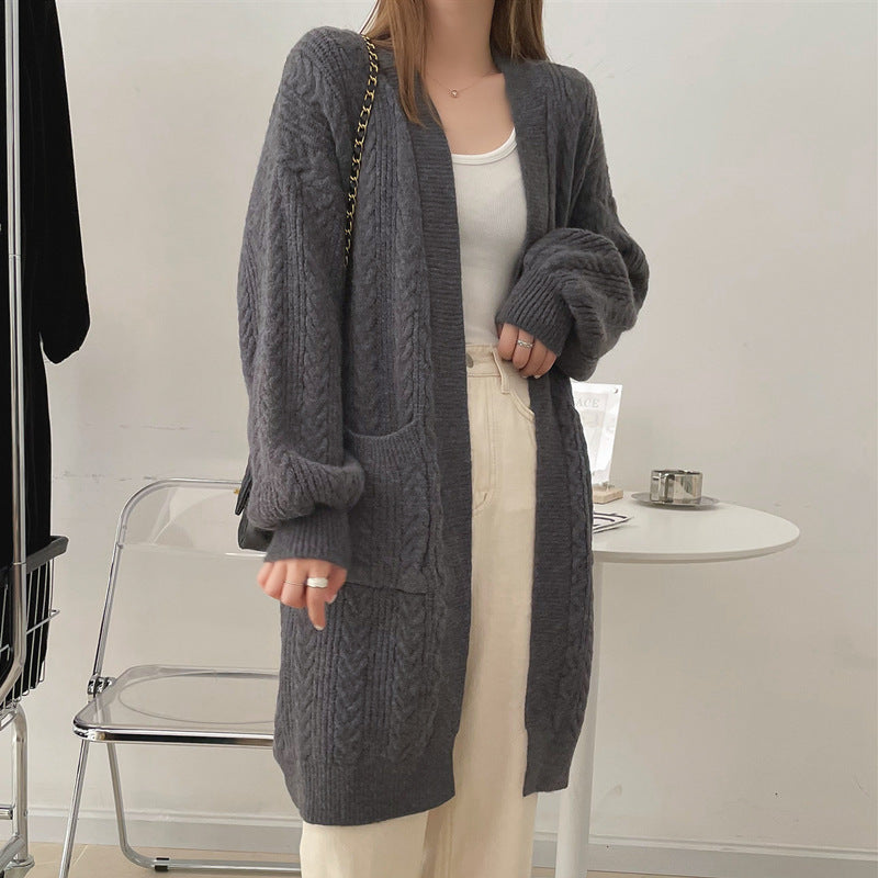 New Knitted Mid Length Cardigan Coat Loose Versatile Women's Sweater