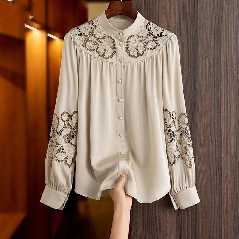 Loose Lace Openwork Shirt Embroidered Off-the-shoulder