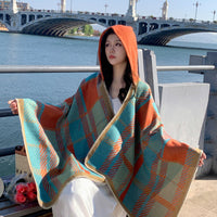 Shawl Simple Plaid Split Hooded Cape Thickened