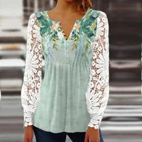 European And American Spring And Autumn Fashion Lace Lace Sleeve Pleated Solid Color Buttons T-shirt