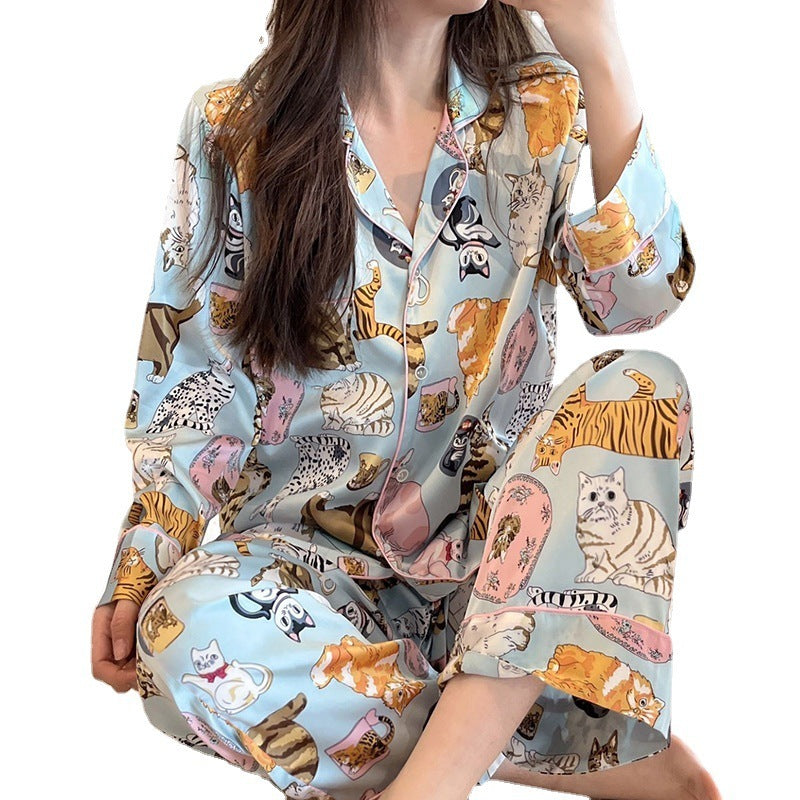 Women's Spring And Summer Cat Cardigan Long-sleeved Pajamas Suit