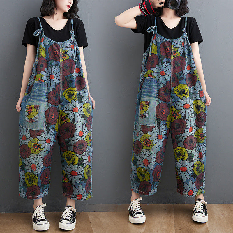 Korean New Literary Style Jeans Printed Suspenders Women