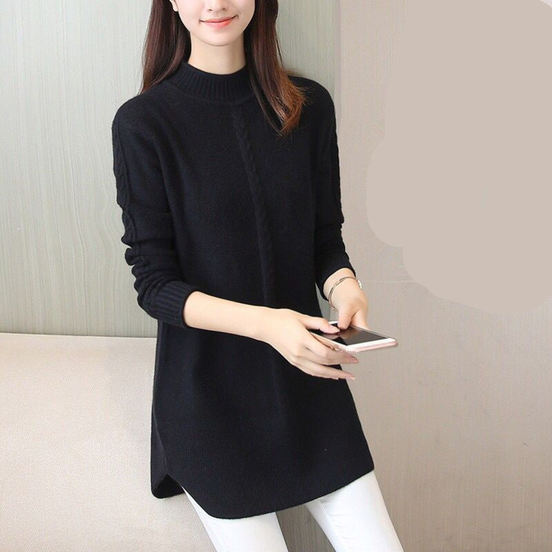 Mid Length Loose Korean Style Knitted Sweater All Match Pullover