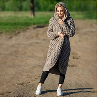 Solid Color Women's Long Knit Sweater Hooded Cardigan Jacket