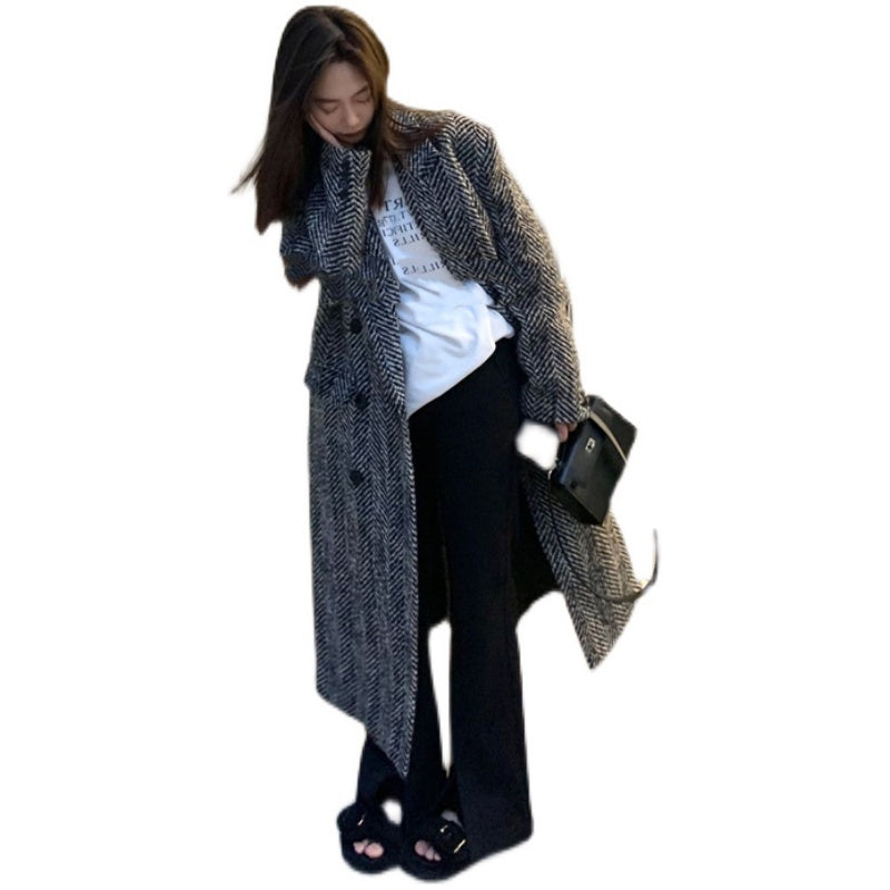 Wool Herringbone Double-breasted Back Slit Thick Woolen Coat Jacket