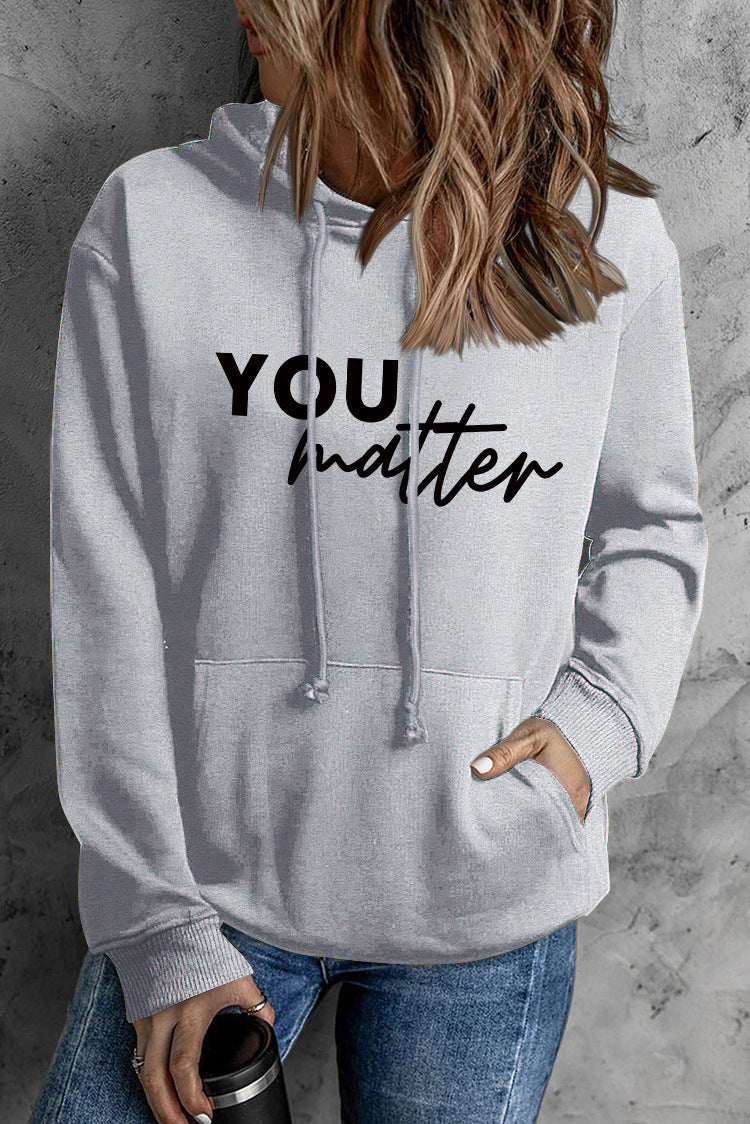 Front And Back Letters Women's Printed Wear Hooded Pocket Pullover Sports Long Sleeve