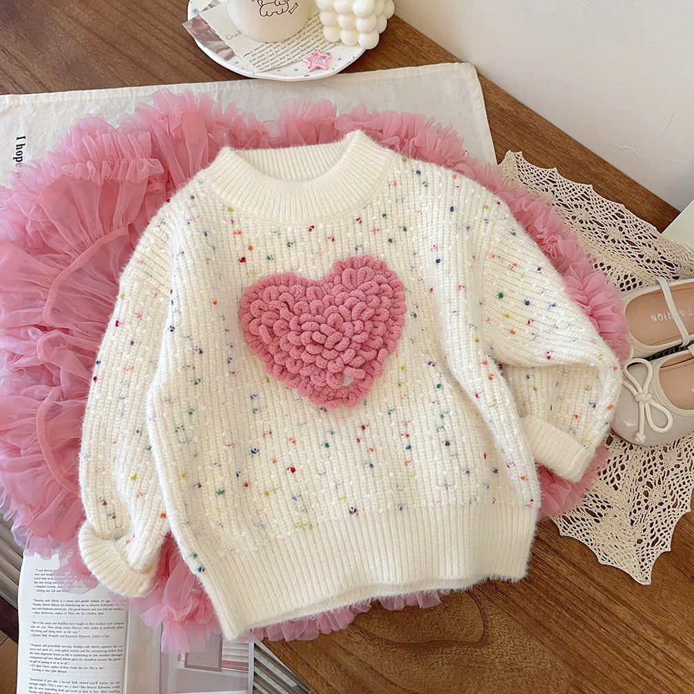 Three-dimensional Furry Heart-shaped Colorful Knitted Pullover Thick Sweater