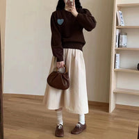 Korean Style Heart Embroidered Round Neck Sweater