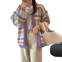 Rainbow Striped Knitted Cardigan For Women Loose Sweater Coat