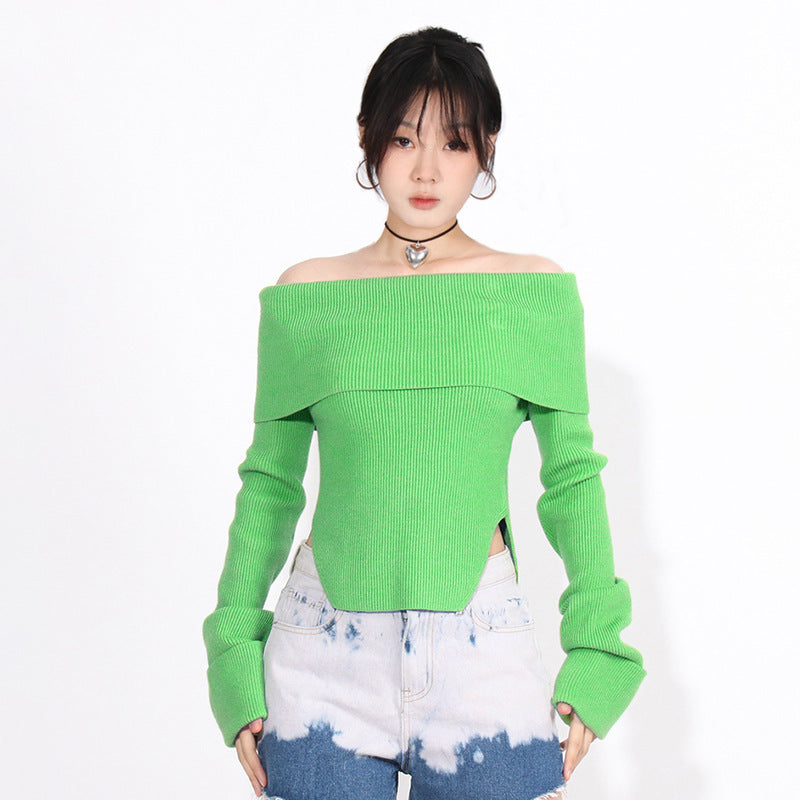 Elegant Idle Style Off-shoulder Top Irregular Hem Slim Slimming Solid Color