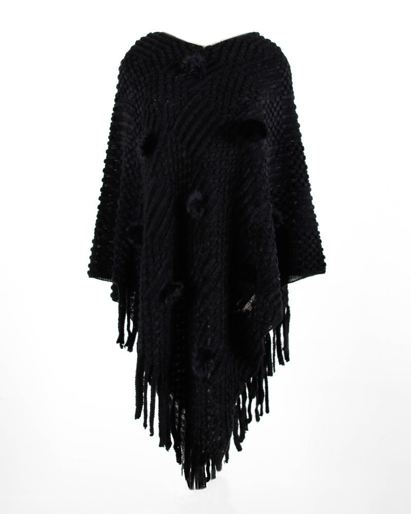 Fringed Cloak Shawl Hair Ball Solid Color Sweater