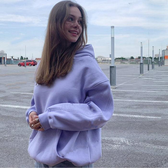 American Retro Light Purple Simple Print Hooded Sweater Women