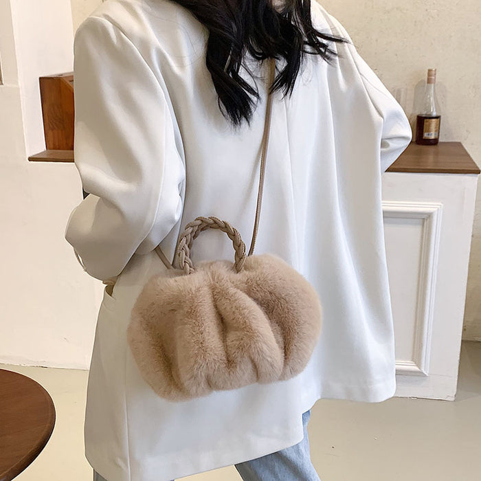 Plush Pumpkin Fur Pleated Shoulder Bag