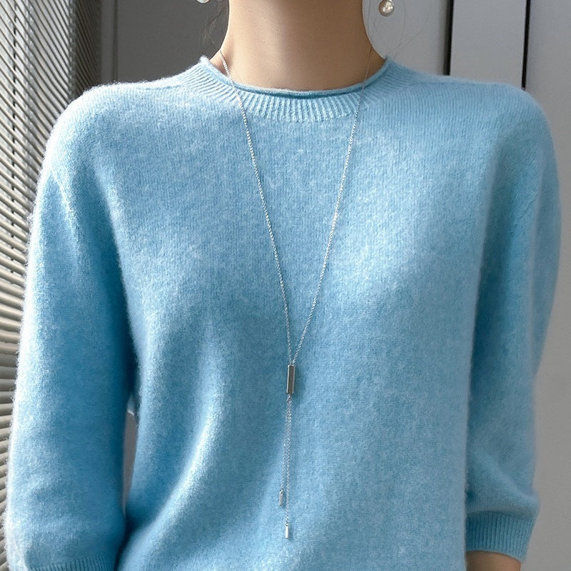 Spring Style Front Line Ready-made Garments Pure Wool Sweater Round Neck Curling Half Sleeve