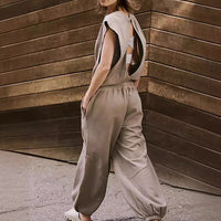 Summer Loose Sleeveless Long Jumpsuit With Backless Design Fashion Elastic Waist And Pockets Straight Jumpsuit Womens Clothing