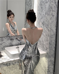 Glitter Silver Dress High-grade Light Luxury Evening Dress