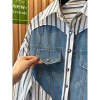 Design Sense Niche Loose Casual Love Denim Patchwork Stripes Shirt