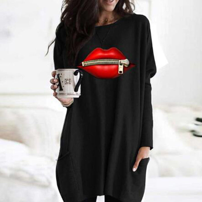 European And American Halloween Solid Color Printing Pocket Long Sleeve T-shirt Dress