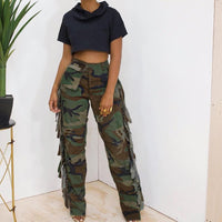 Women's Fashion Camouflage On Side Tassel Large Pocket Button Trousers