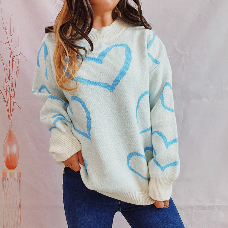 Love Pattern Sweater Round Neck Long Sleeve