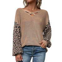 Lace Up Splice Leopard Pullover Sweater Women