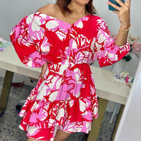 Women's Fashionable Temperament V-neck Printed Puff Sleeve Top Ruffled Skirt Two-piece Set