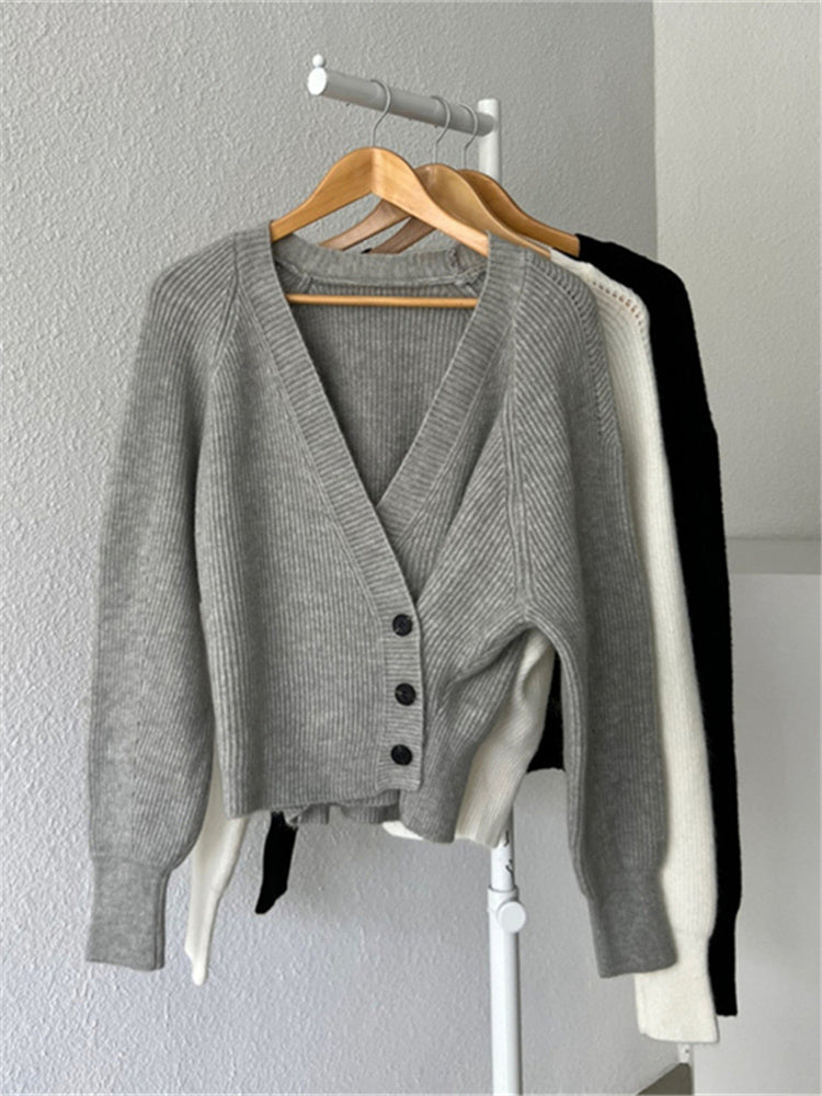 Irregular Short Knit Long Sleeve Bevel Button V Neck Top