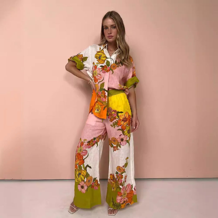 Printed Cotton And Linen Two-piece Suit Outfit Top Wide-leg Pants