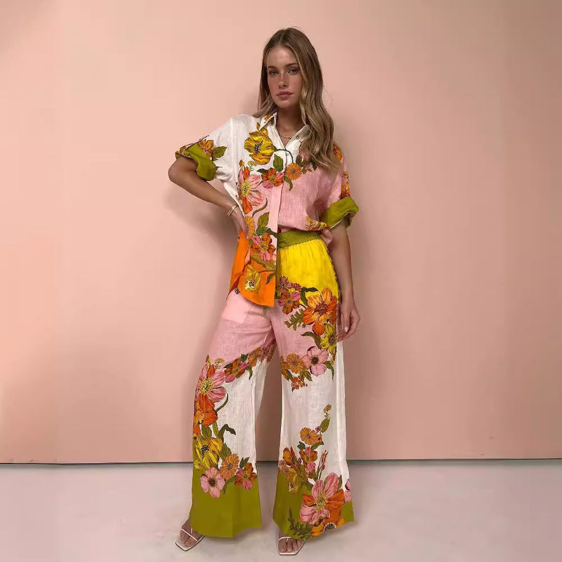 Printed Cotton And Linen Two-piece Suit Outfit Top Wide-leg Pants