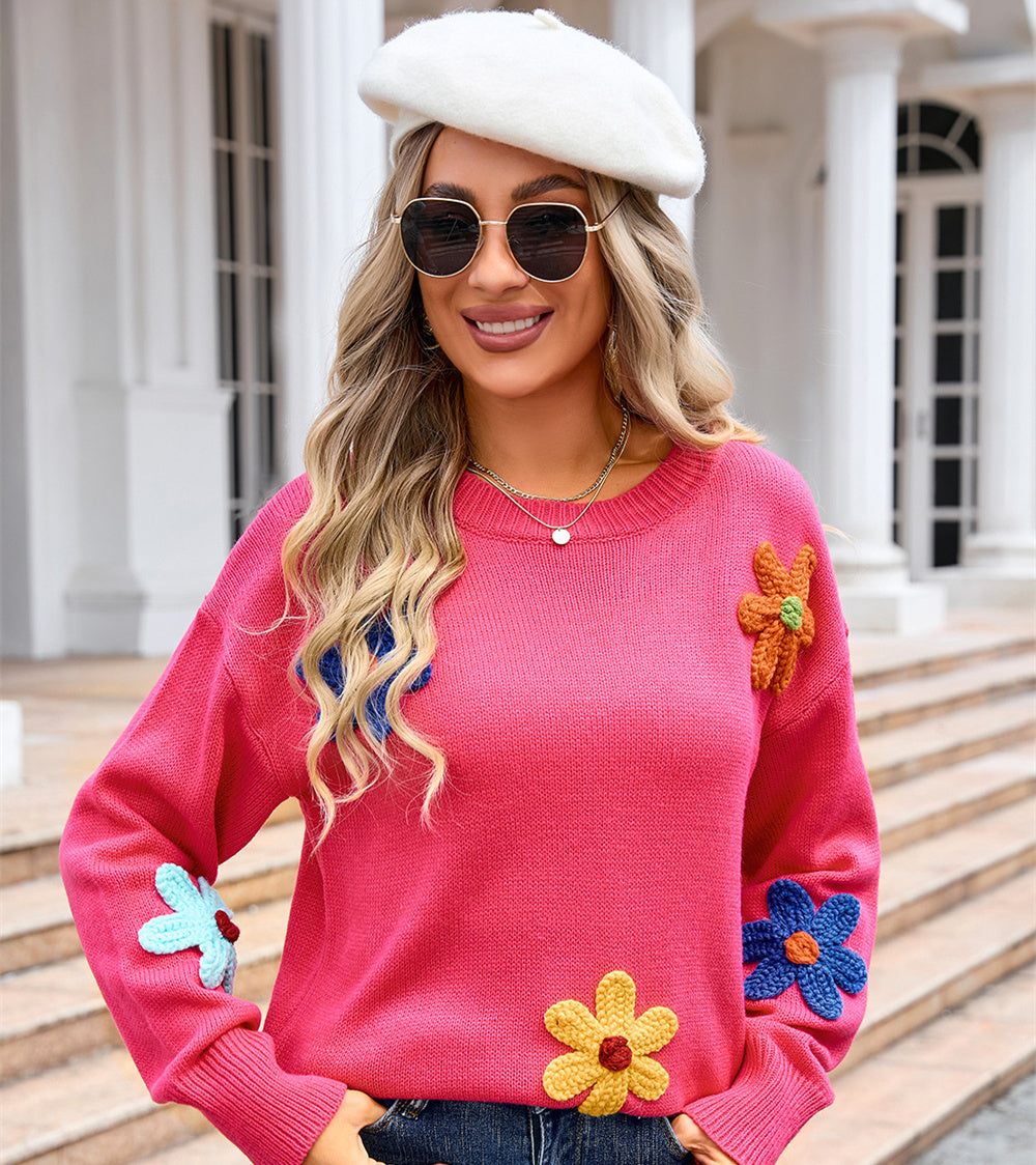 Women's Flower Sweater Plus Size Loose Round Neck