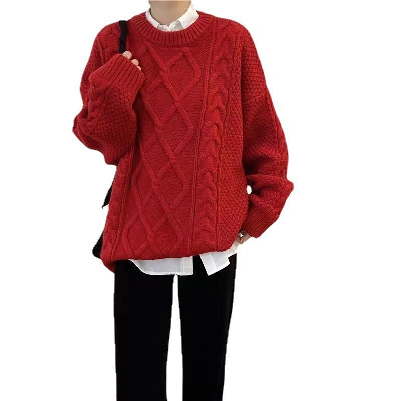 Wind Pullover Loose Round Neck Thick Hemp Flowers Knitted Outerwear Thickened Red Christmas Sweater For Women