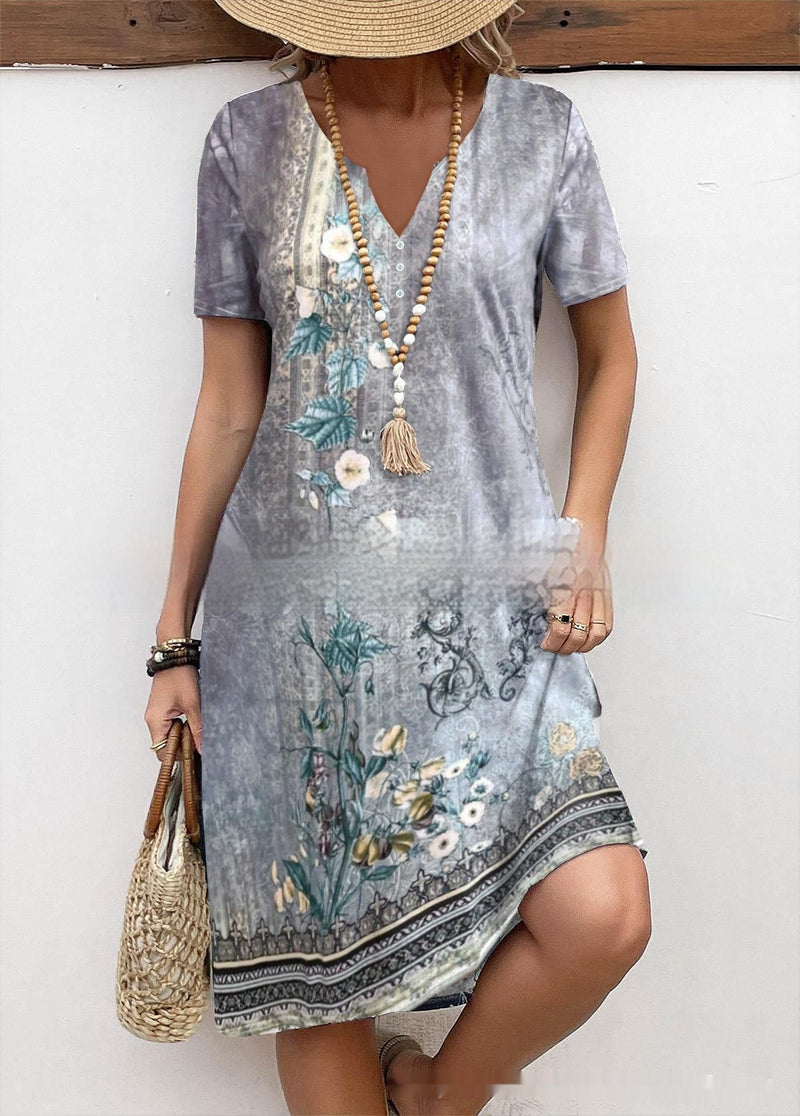 Spring And Summer Digital Printed V-neck Dress