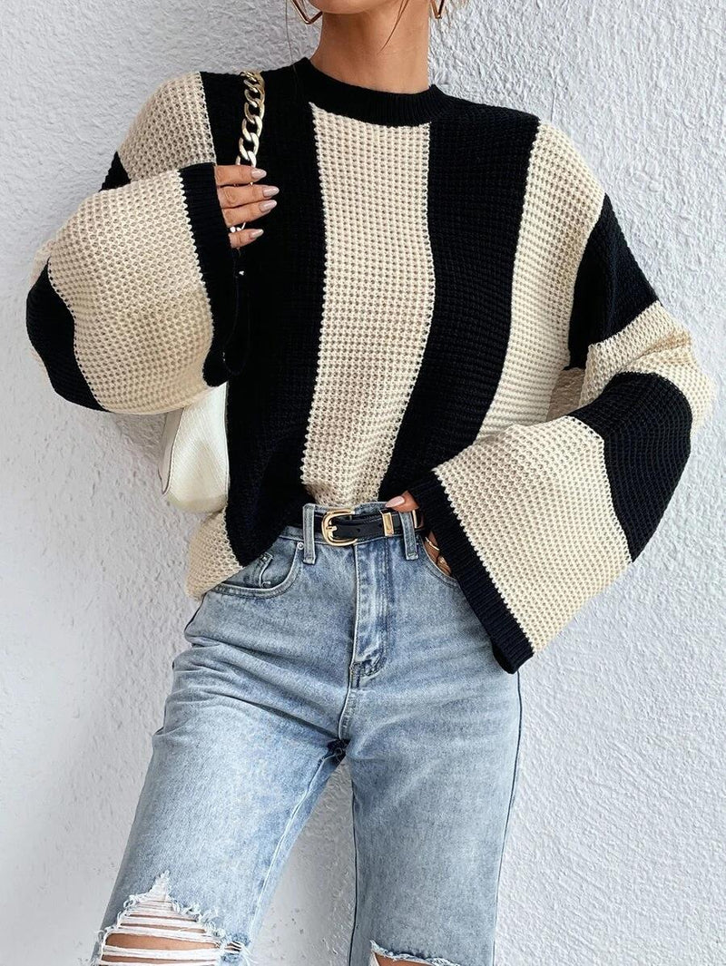 Women's Round Neck Striped Design Niche Knitted Sweater Top