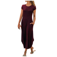 Pullover Short Sleeve Round Neck Mid Waist Solid Color Dress