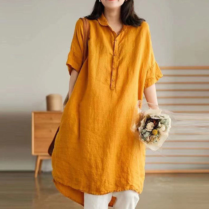 Literary Solid Color Linen Mid-length Shirt