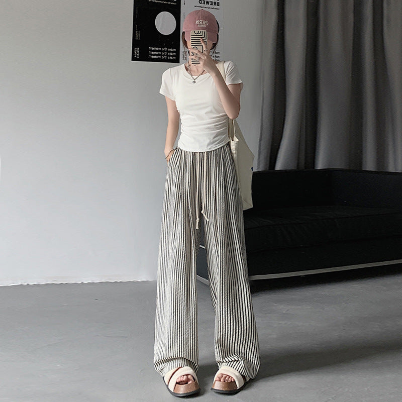 Two-tone Vertical Stripes Thin High Waist Casual Loose Wide Leg Pants