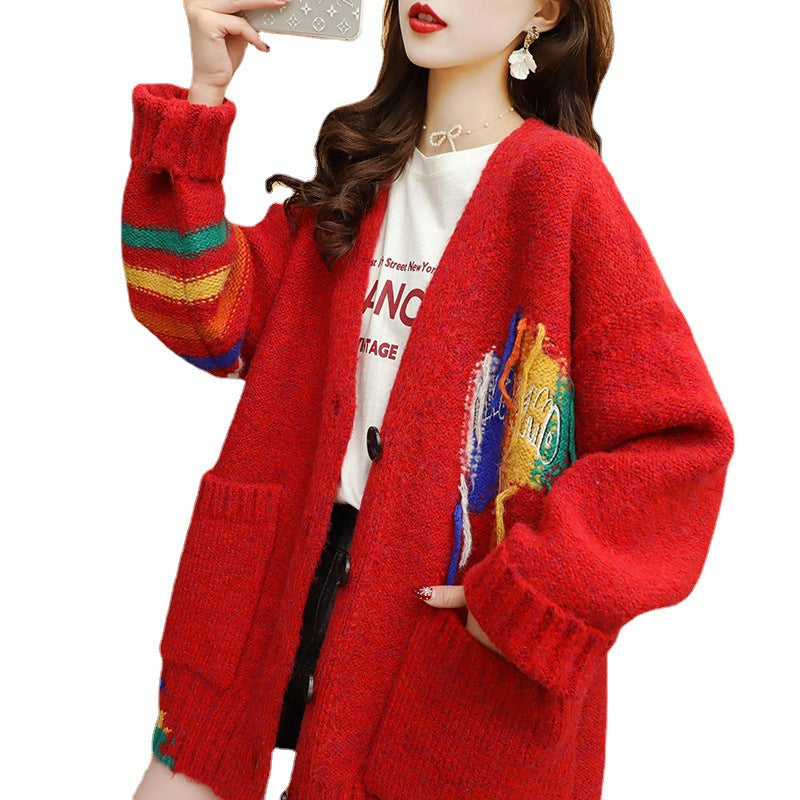 Women's Color Blocking Loose Cardigan Sweater Coat