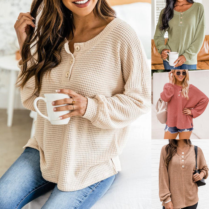 Ladies Fashion Round Neck Waffle Knit Pullover