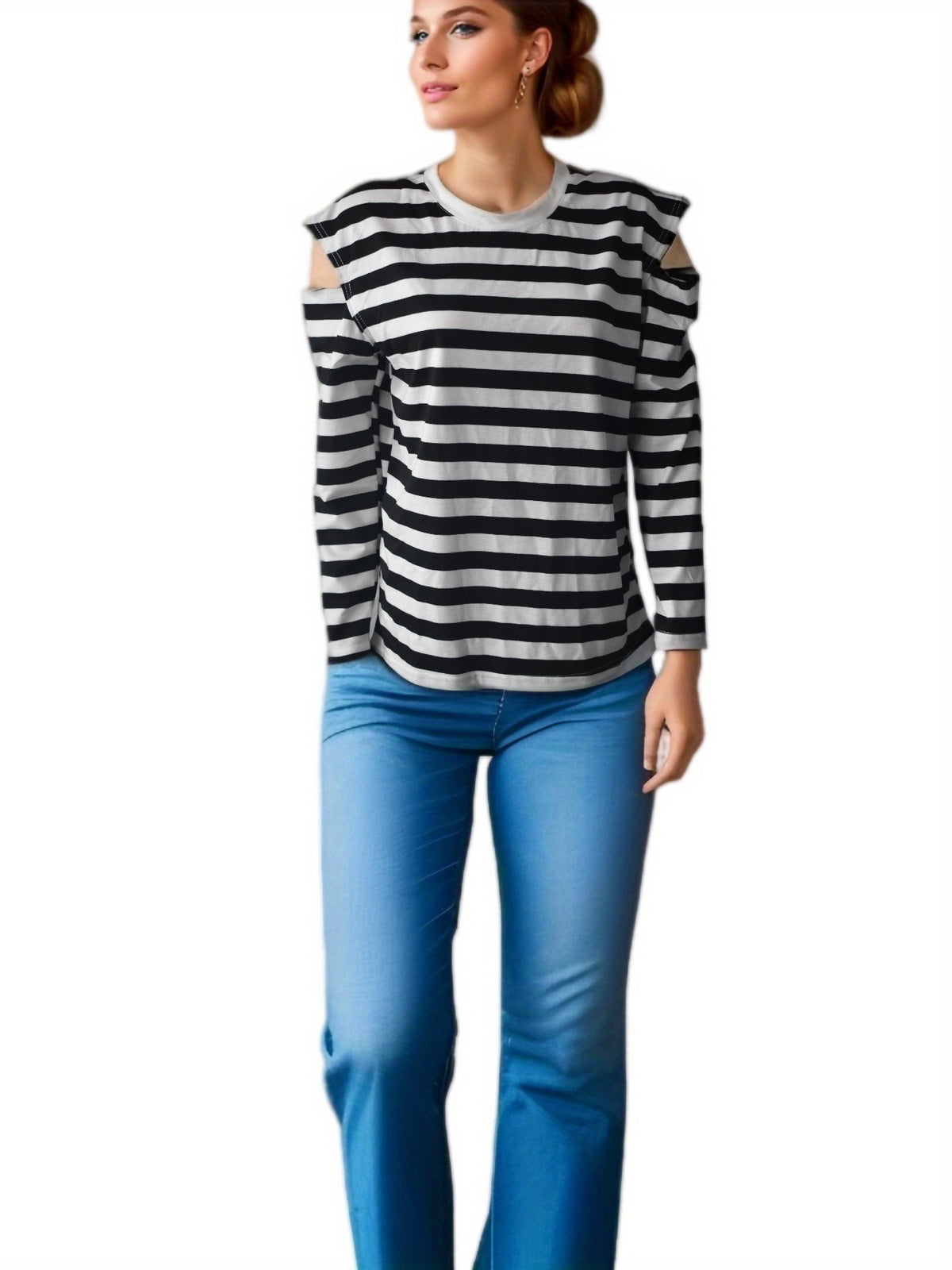 Striped Crew Neck Long Sleeves Off-the-shoulder Fashion Loose Top