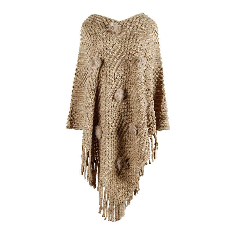 Fringed Cloak Shawl Hair Ball Solid Color Sweater