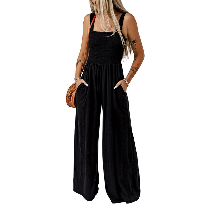 Summer Square Neck High Waist Jumpsuit Women's Backless Pleated Design Wide Leg Trousers Clothing