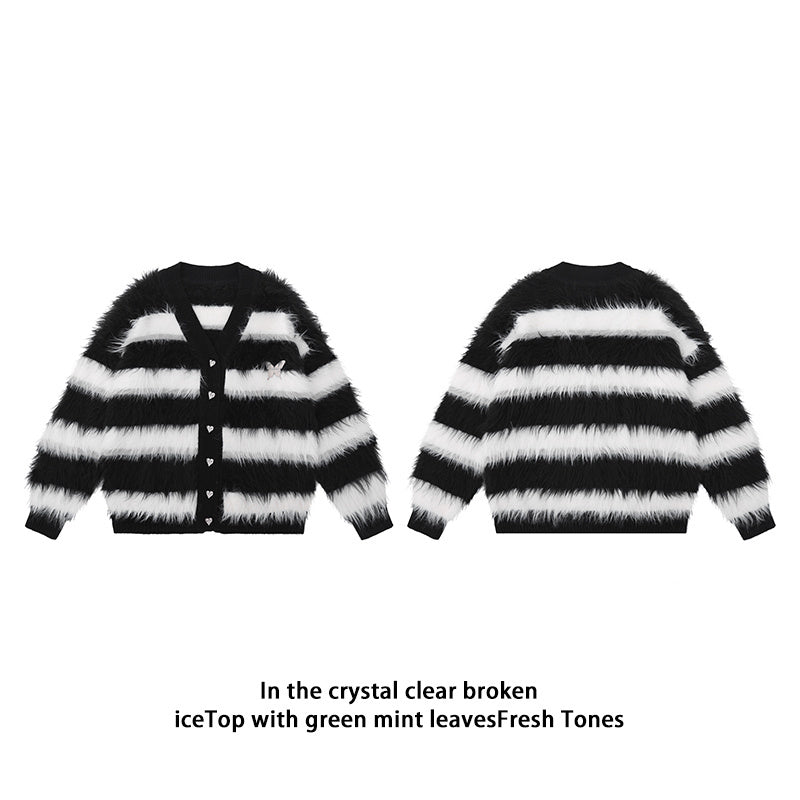 Black And White Striped Knitted Cardigan Jacket Casual Sweater