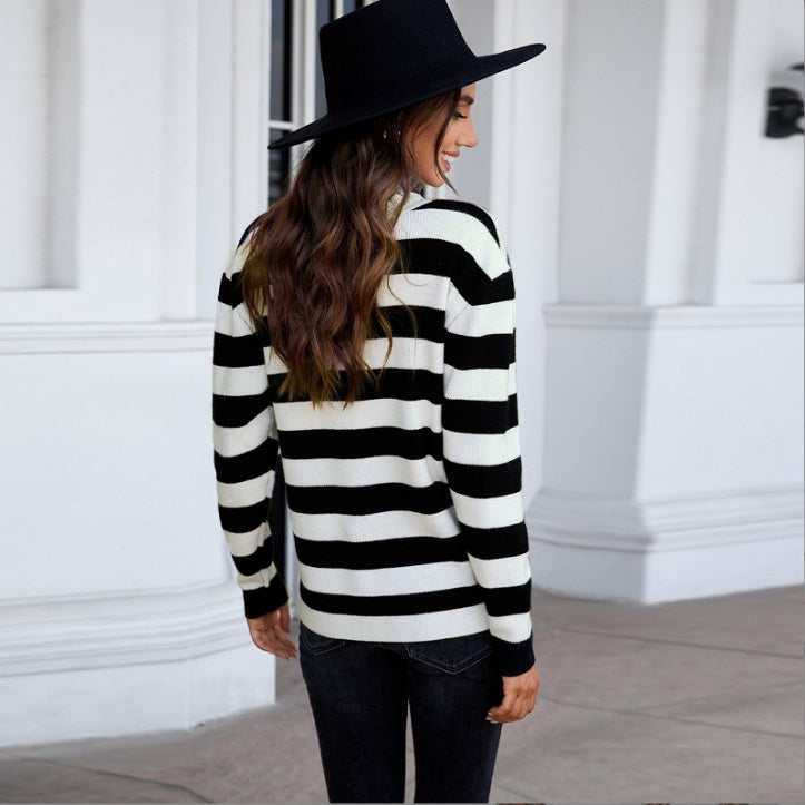 Loose V-neck Pullover Striped Long-sleeved Sweater